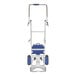A blue and white Vestil hand truck with wheels.
