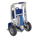 A blue and silver Vestil aluminum hand truck with white wheels.