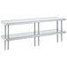 A white table with an Advance Tabco stainless steel rear mounted double deck shelving unit.