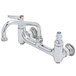 A T&S chrome wall mount pantry faucet with two handles and two faucets.