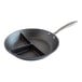 A black Nordic Ware saute pan with a divider separated into three compartments.