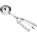 A stainless steel squeeze handle disher with a round bowl, used for portioning foods like ice cream or dough.