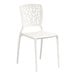 A white resin side chair with a webbed back design.