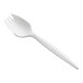 A white plastic spork made of medium weight polypropylene.