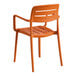 A terracotta-colored resin arm chair with a slatted back and seat.