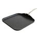 A black speckled square pan with a silver handle.