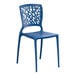 A blue resin side chair with a webbed back design.