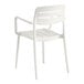 A white resin arm chair with a slatted back and seat design.