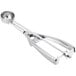 A stainless steel squeeze handle disher with a round scoop, used for portioning foods like ice cream or cookie dough.