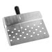 A stainless steel chip scoop with a perforated flat blade and a black handle.