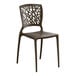 A brown resin side chair with a webbed back design.