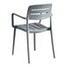 A gray resin arm chair with a slatted back and seat.