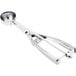 A stainless steel squeeze handle disher with a round scoop, designed to hold 0.5 oz.