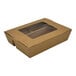 A brown rectangular paperboard box with a clear window.