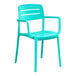 A blue resin arm chair with a slatted back and seat.