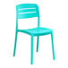 A coastal blue resin side chair with a slat back design.