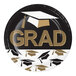 A round paper plate featuring the word 'GRAD' and graduation caps in black, gold, and white colors.