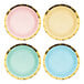 A group of Creative Converting round pastel paper plates with gold foil rims in blue, pink, green, and yellow.
