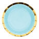 A blue and gold Creative Converting round paper plate with a gold foil rim.