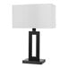 A modern 20-inch table lamp with a matte black geometric base and a white rectangular linen shade.