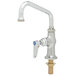 A chrome T&S deck-mounted faucet with a metal handle and blue label.