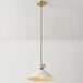 A single pendant light with a matte brass finish, a white tapered shade, and an adjustable hanging height.