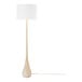 A wood-toned floor lamp with a white cotton shade and an on/off rotary switch on the socket.
