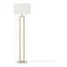 A gold floor lamp with a rectangular white linen shade and a faux marble base.