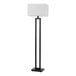 A 58-inch floor lamp with a matte black geometric base and a white linen rectangular shade.