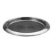A stainless steel round non-skid serving tray with a black rim.