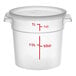 A translucent round 1-quart polypropylene food storage container with a lid and red measurement markings.