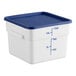 A white square polypropylene food storage container with a blue lid and measurement markings on the side.