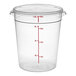 A clear round 8-quart polycarbonate food storage container with a lid and red measurement markings.