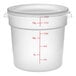 A large translucent round polypropylene food storage container with a lid and red measurement markings up to 18 quarts or 15 liters.