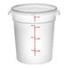 A round, translucent 4-quart polypropylene food storage container with a lid and red measurement markings.