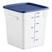 A white square polypropylene food storage container with a blue lid and measurement markings on the side.