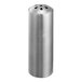 A silver stainless steel round shaker with teardrop holes.