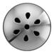 A stainless steel round shaker lid with teardrop-shaped holes.