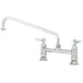 A T&S chrome deck-mounted faucet with two lever handles.