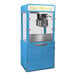 A blue Paragon Zenith popcorn machine stand with a metal cabinet.