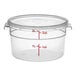A clear round polycarbonate food storage container with a lid and measurement markings.