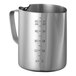 A stainless steel Service Ideas frothing pitcher with measuring lines and a handle.