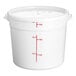 A white round 6-quart polypropylene food storage container with a lid and red measurement markings.