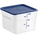 A square translucent polypropylene food storage container with a blue lid and measurement markings up to 12 quarts or 10 liters.