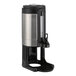 A 1.5 gallon brushed stainless steel thermal coffee server with a black stand and dispensing spout.