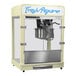 A Paragon cream countertop popcorn machine with a large container on top.
