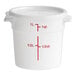 A white round 1-quart polypropylene food storage container with a lid and red measurement markings.