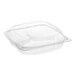 A Choice clear hinged plastic clamshell container with 3 compartments and a lid.