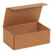 A brown Kraft corrugated mailer box with a lid open.