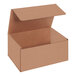 A close-up of a brown Lavex corrugated mailer box with a lid open.